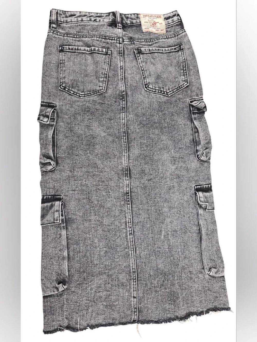 True Religion Vintage Charcoal Wash Cargo Denim Midi Slit Skirt Size 24